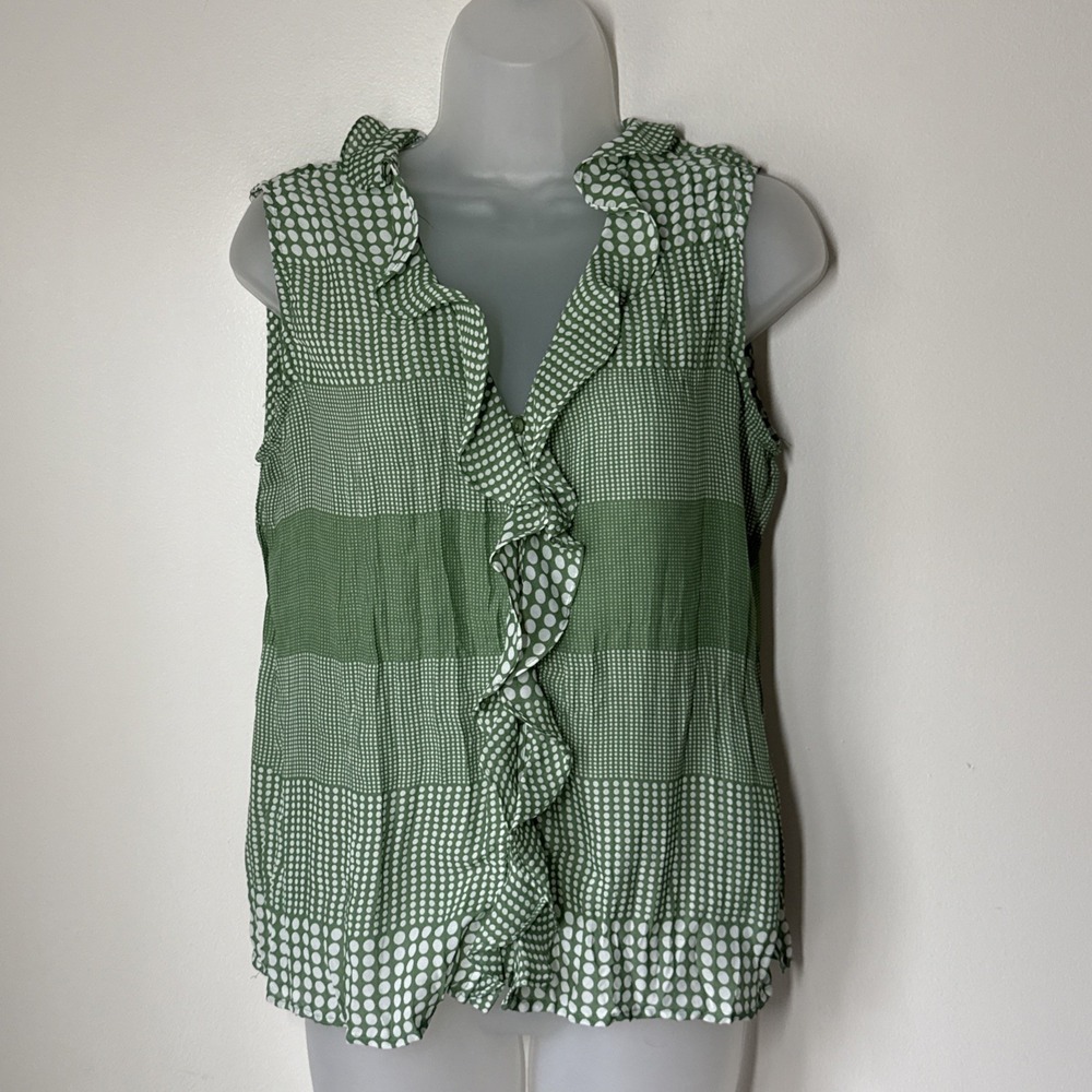Allison Taylor Shirt Size S Green Polka‎ Dot Ruffle Sleeveless Top Mixed Media